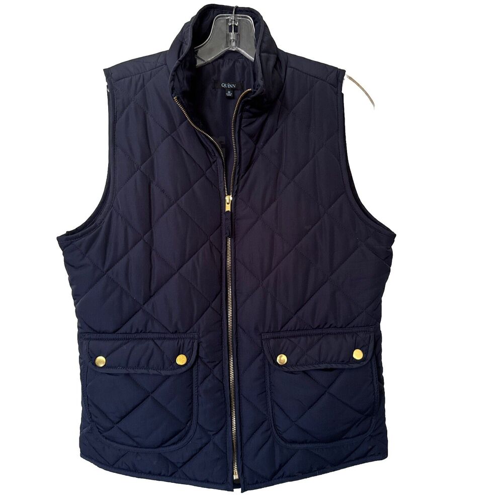 Navy Quilted Vest Quinn Womens Sz M Navy Blue Gold Zip Up Lined Pockets Preppy